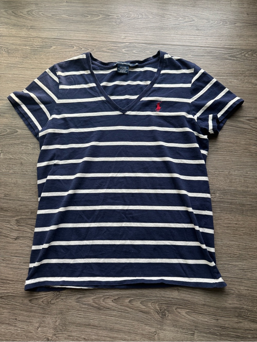 Ralph Lauren Navy & White Striped V‑Neck Tee